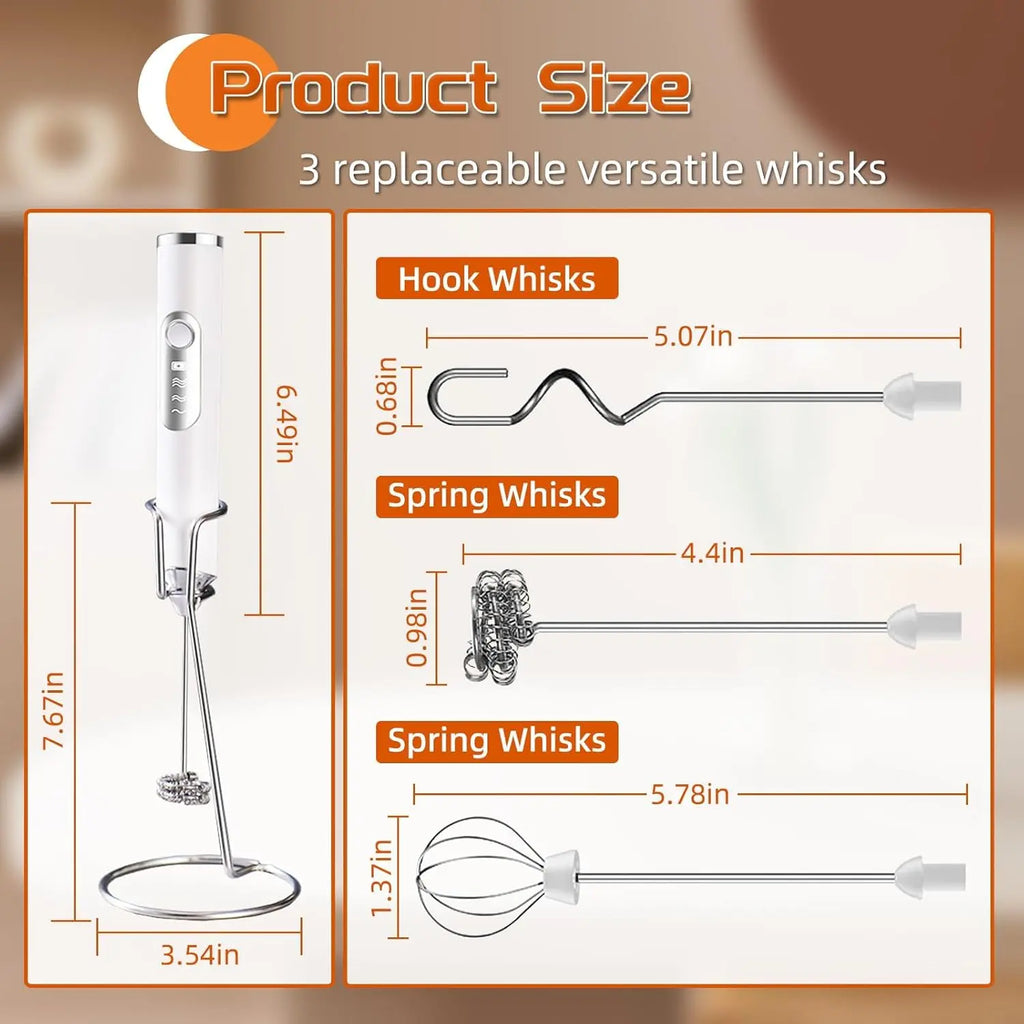 Cordless Rechargeable Handheld Milk Frother, Electric 3-Speed Wand with 3 Detachable Stainless Steel Whisks, Kitchen Mixer for Latte, Cappuccino, Matcha, Cordless Milk Frother
