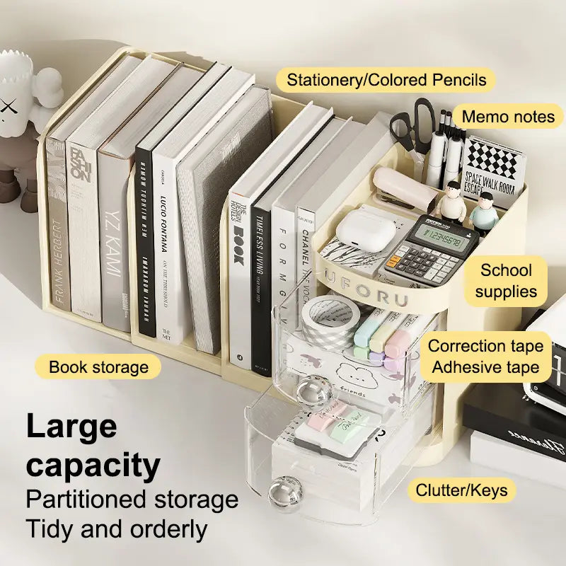 Adjustable Desktop Bookshelf Organizer Box, Ideal Mother's Day Present for Mom, Book Stand & Office File Storage, Student Drawer & Kids Pen Holder with Multiple Compartments