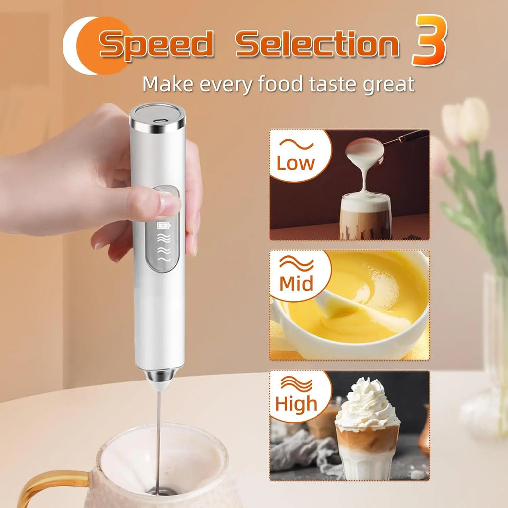 Cordless Rechargeable Handheld Milk Frother, Electric 3-Speed Wand with 3 Detachable Stainless Steel Whisks, Kitchen Mixer for Latte, Cappuccino, Matcha, Cordless Milk Frother
