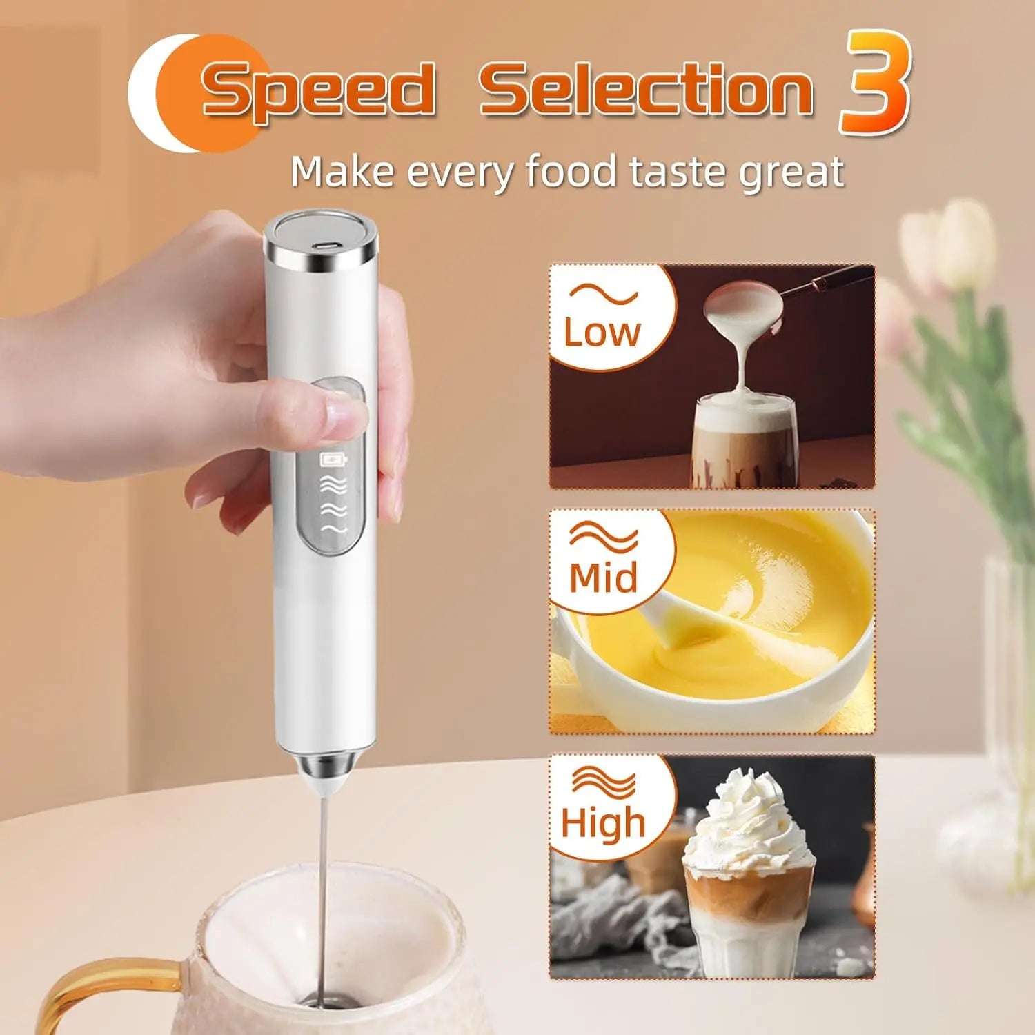 Cordless Rechargeable Handheld Milk Frother, Electric 3-Speed Wand with 3 Detachable Stainless Steel Whisks, Kitchen Mixer for Latte, Cappuccino, Matcha, Cordless Milk Frother